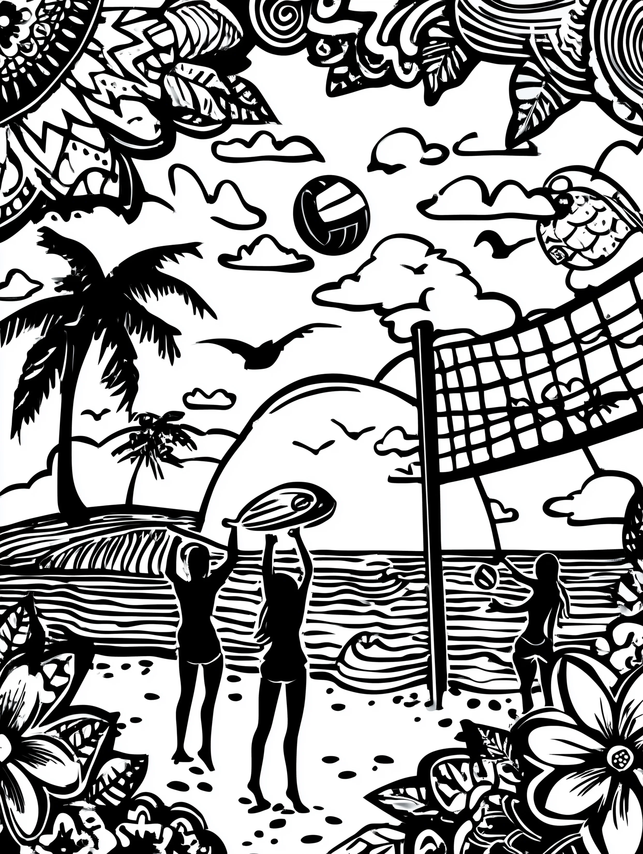 Free printable volleyball coloring page for adults featuring a beach game of volleyball